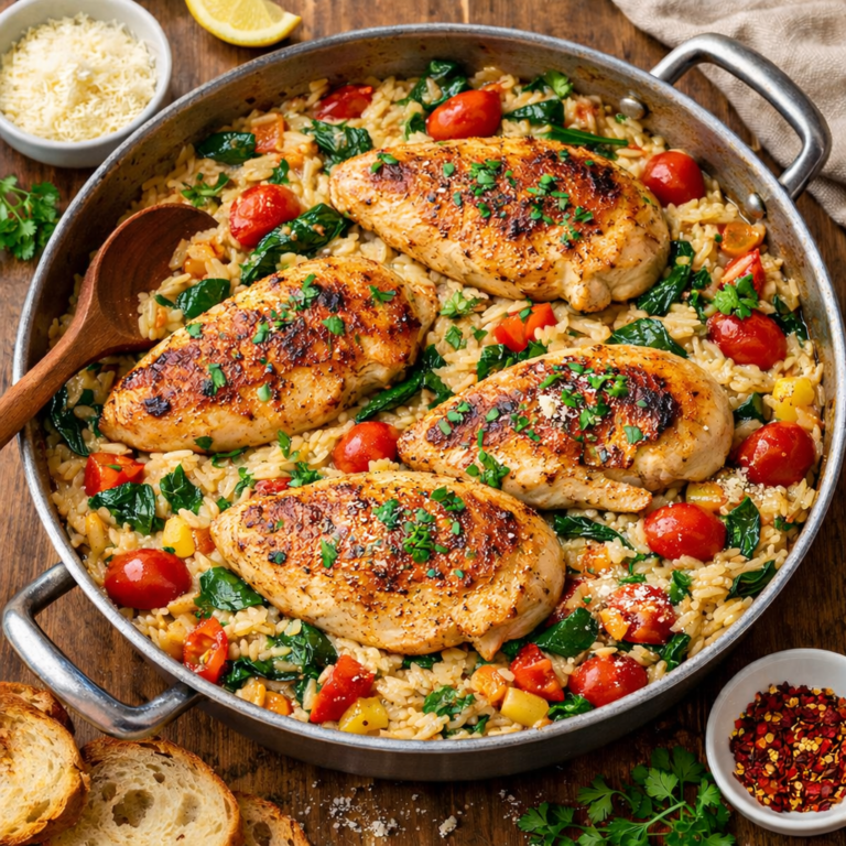 One Pot Orzo Pasta mit Hähnchenbrust