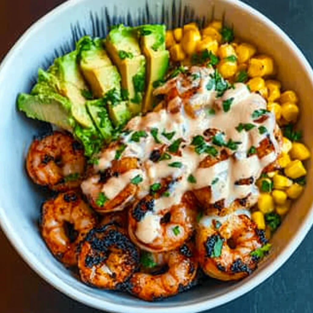 Gegrillte Garnelen Bowl mit Avocado Mais-Salsa & Cremiger Sauce