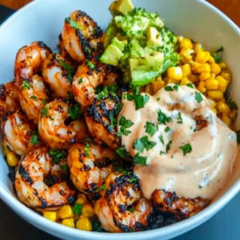 Gegrillte Garnelen Bowl mit Avocado Mais-Salsa & Cremiger Sauce