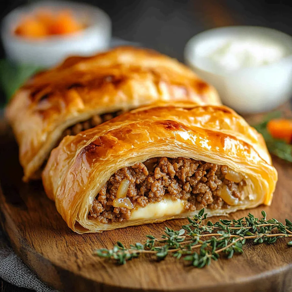 Herzhafte Hackfleisch-Käse-Rolle mit Blätterteig