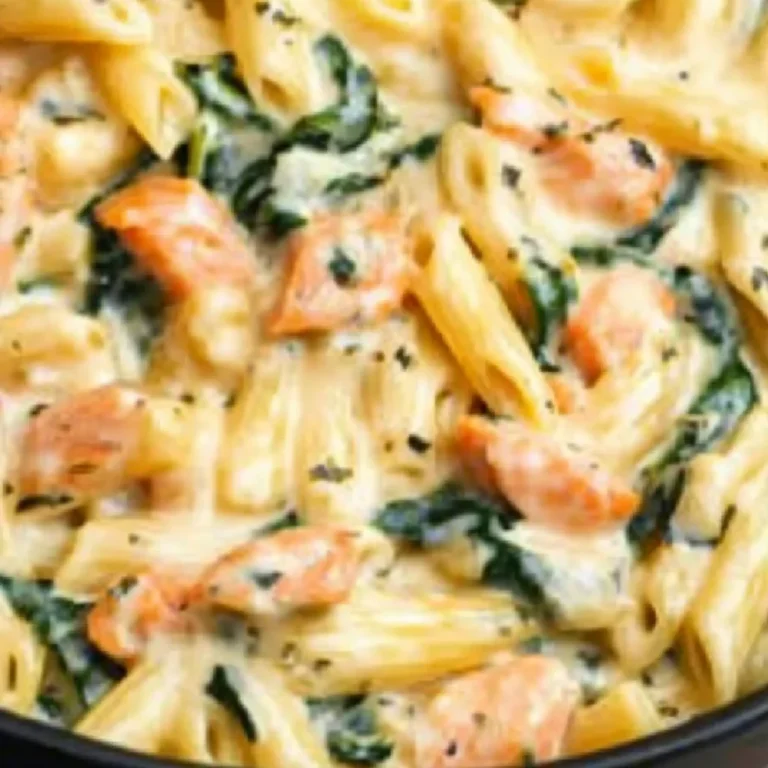 Nudeln in Lachs-Sahne-Soße und Spinat