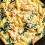 Nudeln in Lachs-Sahne-Soße und Spinat