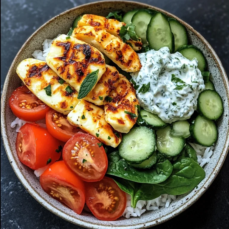 Halloumi bowl mit reis und tzatziki