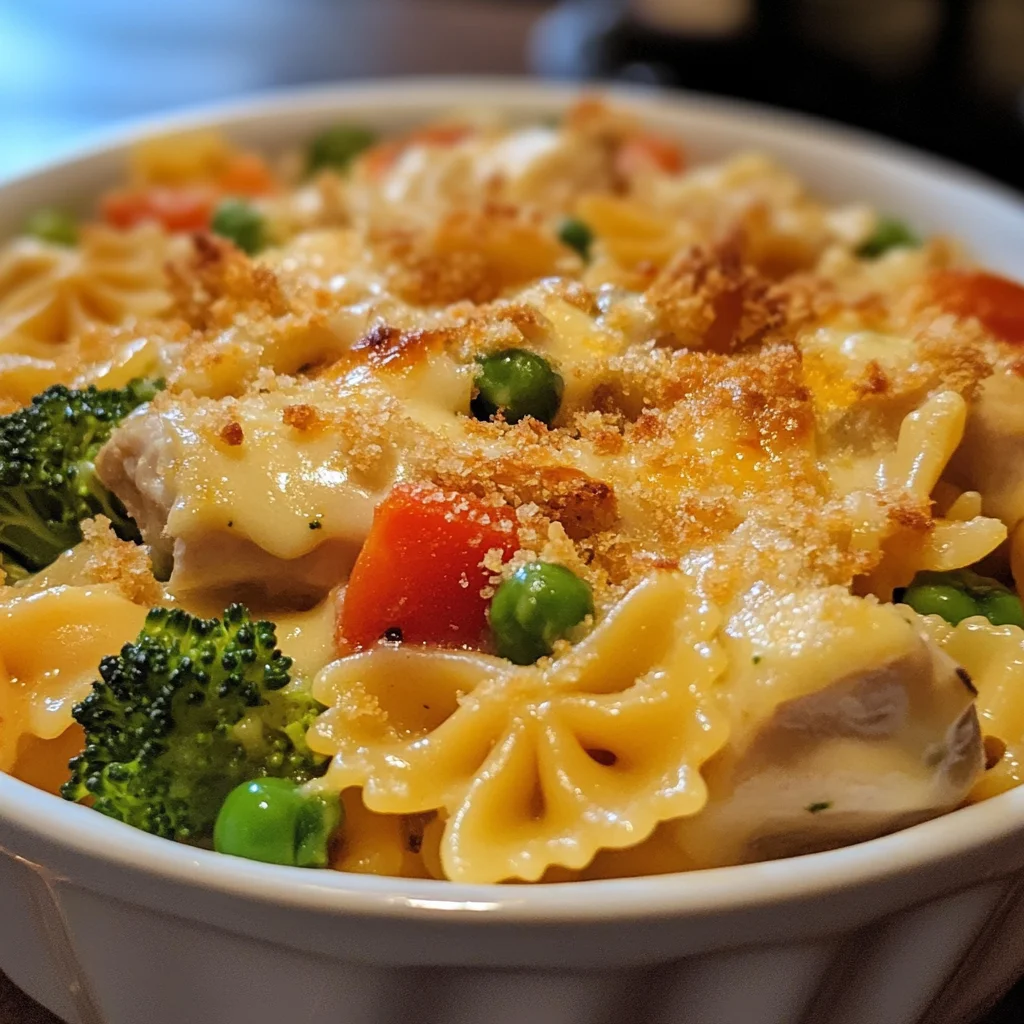 Käse-Hühnchen-Farfalle-Auflauf mit Havarti-Kruste & Gemüse