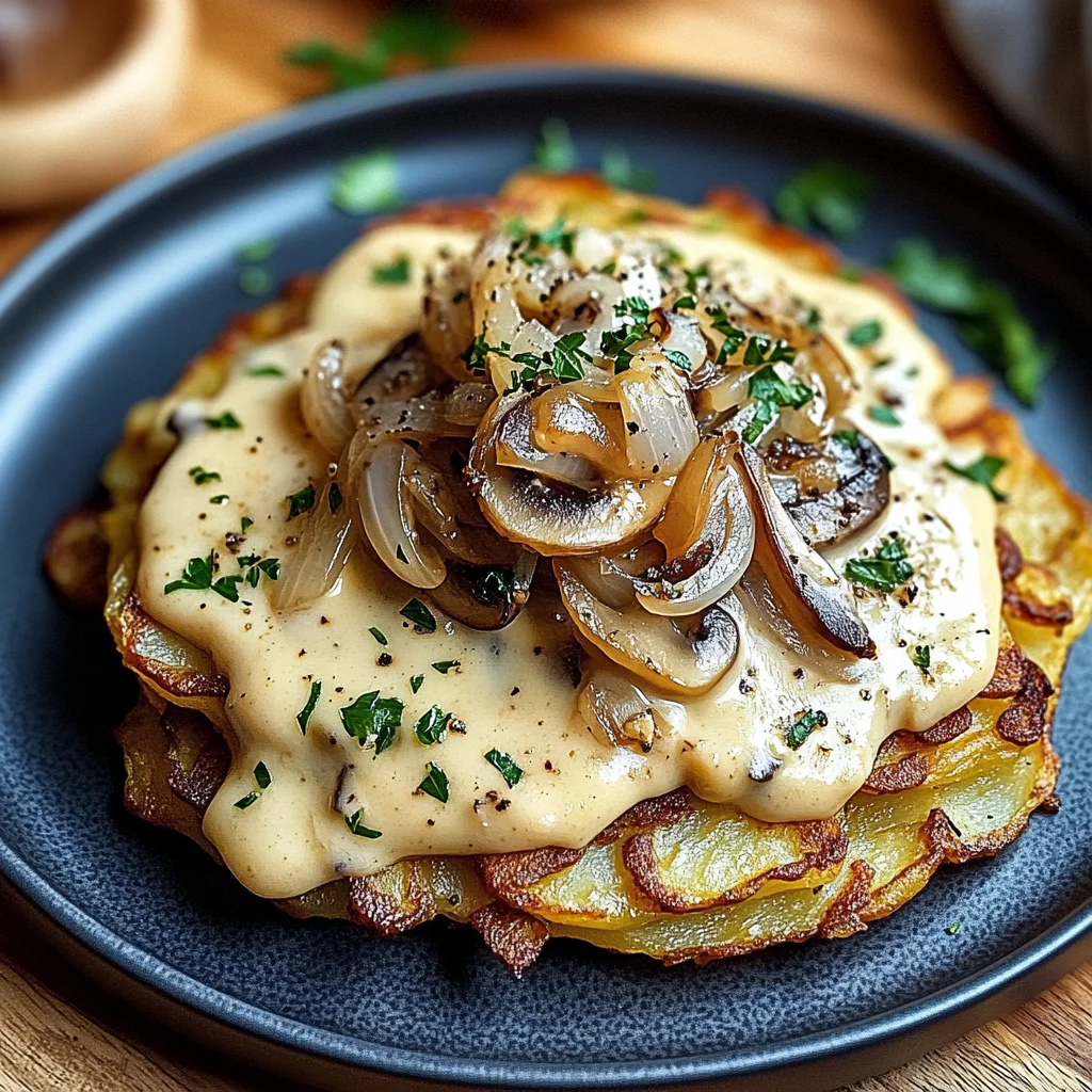 Mozzarella-Rösti mit Zwiebel-Pilzrahmsauce schnell genießen